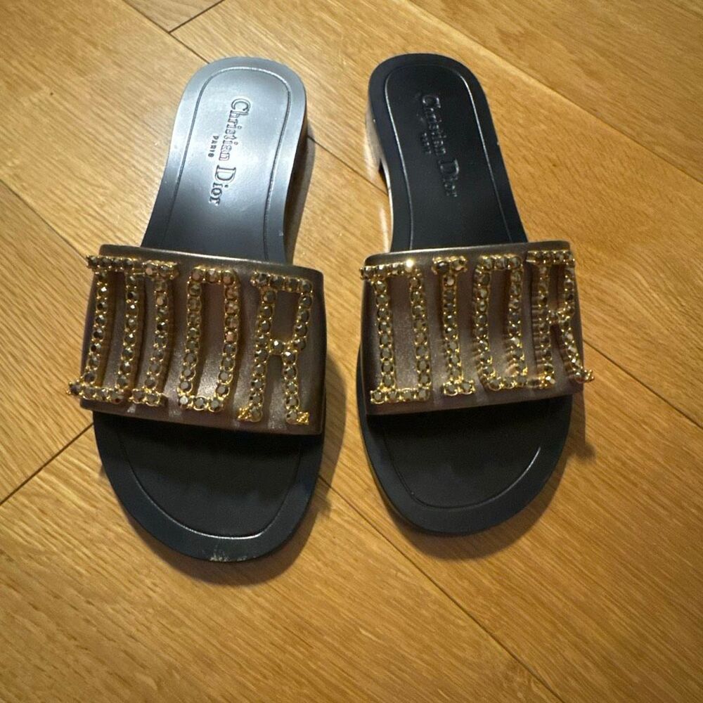 Dior Revolution Slides Black Leather and Rhinestones size 37